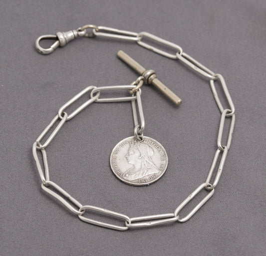 Antique Sterling Silver Trombone Link Watch Chain With Victorian Shilling Fob (C2836)