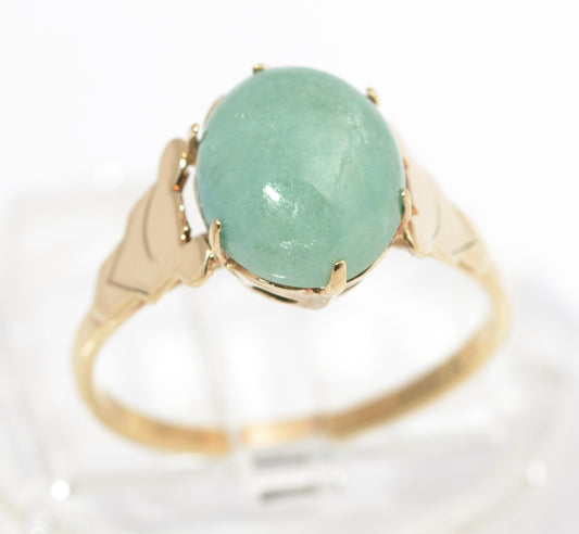 Vintage 9ct Gold Ring With Natural Jade Oval Polished Cabochon UK Size J (C2846)