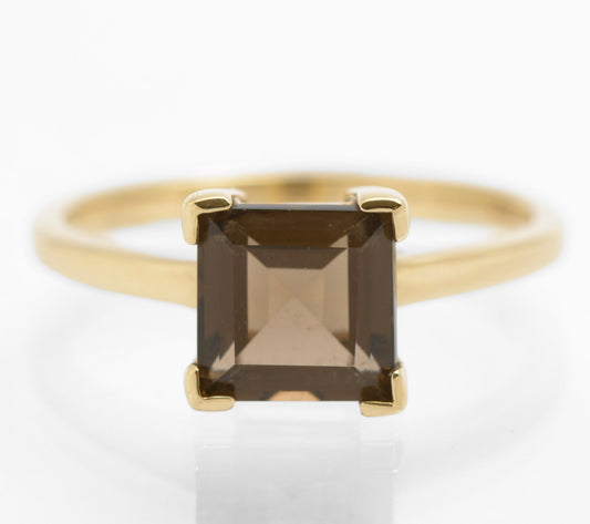9ct Gold & Square Facet Cut Natural Smoky Quartz Ring Women's Size N (C2852)