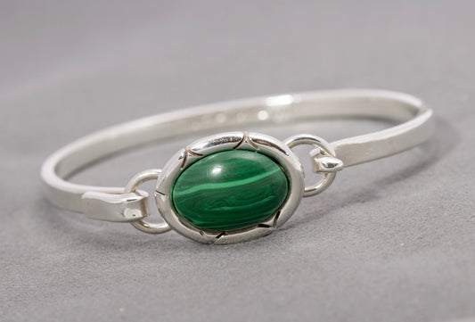 Vintage Mexican Sterling Silver & Malachite Cabochon Bangle / Bracelet (C2867)