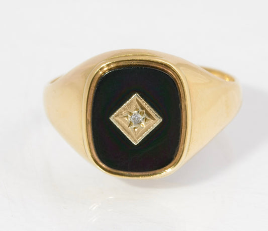 Vintage 9ct Gold Black Onyx & Diamond Classic Men's Signet Ring Size T (C2881)