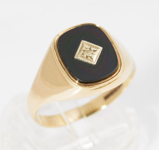 Vintage 9ct Gold Black Onyx & Diamond Classic Men's Signet Ring Size T (C2881)