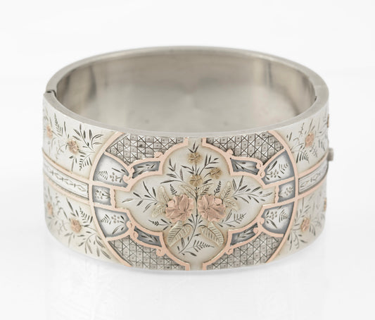 Fine Antique Victorian Sterling Silver & Gold Wide Cuff Bangle c.1880 (C2884)