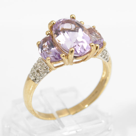Vintage 9ct Gold Rose de France Triple Amethyst Dress Ring - Diamond Shoulders (C2890)