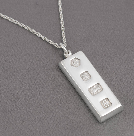 Vintage Sterling Silver Ingot Bullion Bar Pendant Necklace Feature Hallmark 1979(C2897)