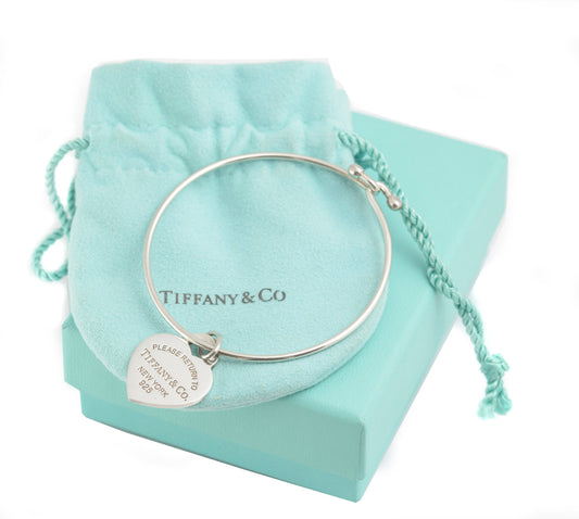 Tiffany & Co Sterling Silver Wire Bangle - Enamel Return To Tiffany Heart Charm (C2899)