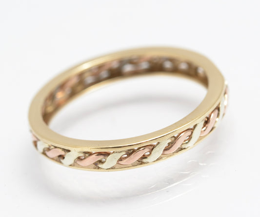 Vintage 9ct Gold Bi Colour Rose/Yellow Rope Twist Band Ring Unisex Size S (C2911)