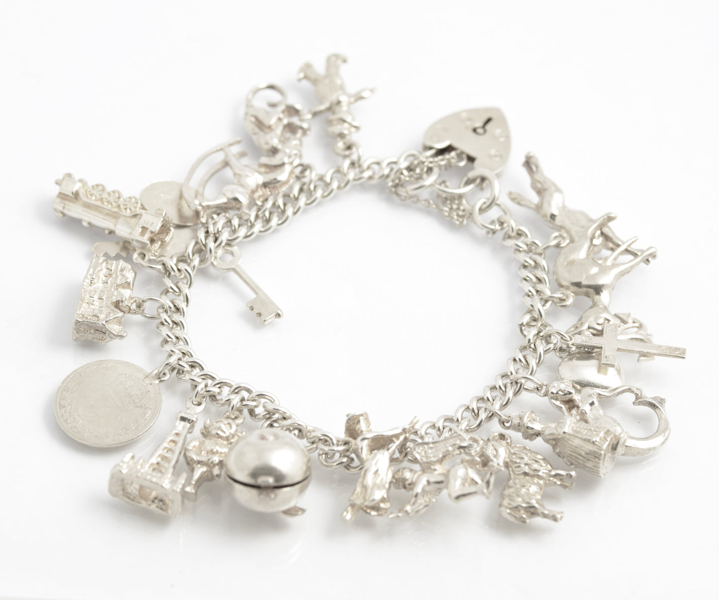 Vintage Traditional Sterling Silver Charm Bracelet 19 Charms Heart Padlock Clasp (C2921)