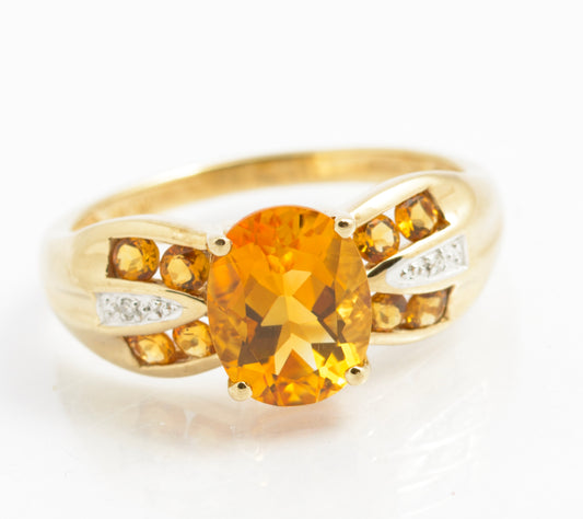9ct Gold & Natural Citrine Dress Ring With Diamond Accents UK Size U (C2923)