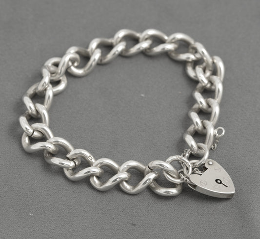 Vintage Sterling Silver Heavy Curb (Charm) Chain Bracelet - Padlock Clasp 1975 (C2935)