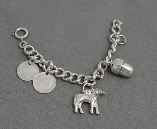Antique Child’s Silver Charm Bracelet – East India Company 1841 Coin – 4 Charms (C2943)
