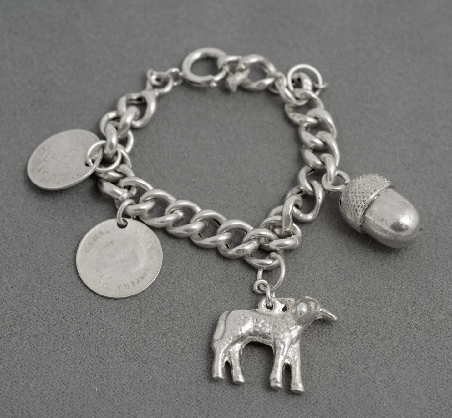 Antique Child’s Silver Charm Bracelet – East India Company 1841 Coin – 4 Charms (C2943)