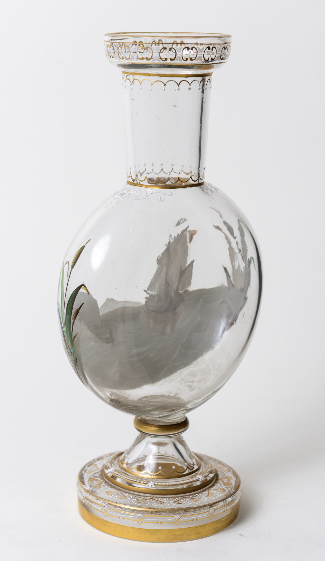 Antique Victorian Hand Painted Glass Antarctic Exploration & Sailing Ship Vase (Code 0249)