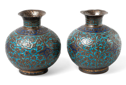 Pair of Antique Kashmir / Indo-Persian Vases with Enamel and Raised Patterns & Script Marks (Code 0317)