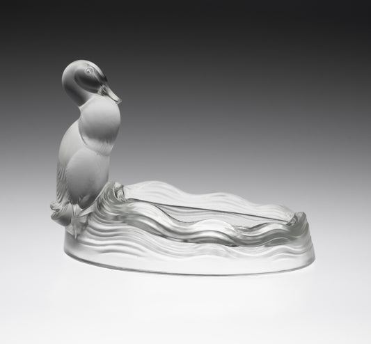 Verlys Art Deco Glass Dish of Duck Guarding Pond Moulded Mark c1930 (0360)