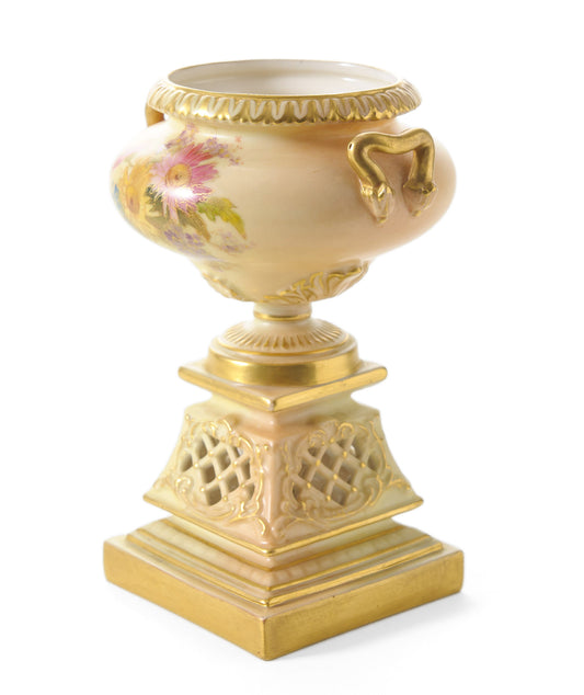 Antique Royal Worcester China Blush Ivory Pedestal & Pierced Reticulated Vase (Code 0519)