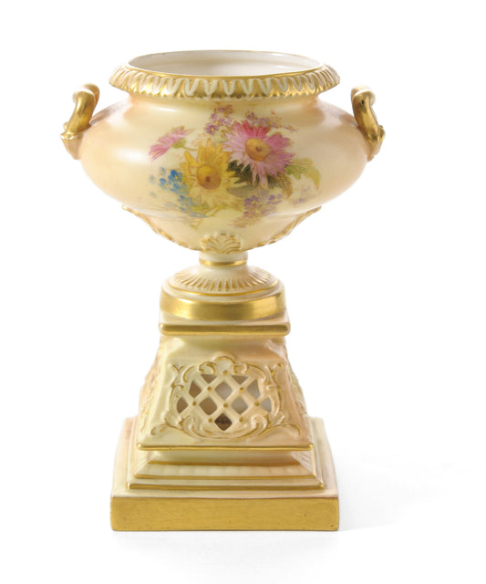 Antique Royal Worcester China Blush Ivory Pedestal & Pierced Reticulated Vase (Code 0519)