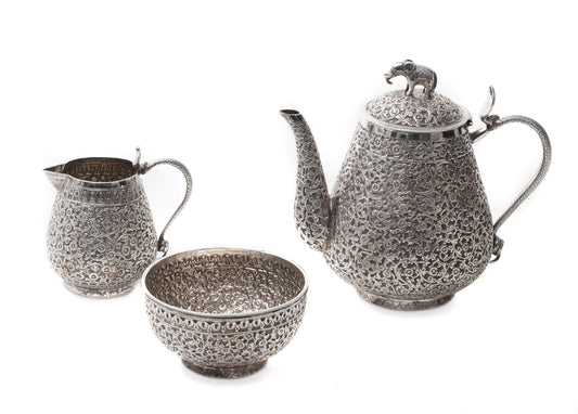 Fine Antique Indian Kutch Silver Tea Set with Elephant and Cobra Design c1850 (Code 0567)