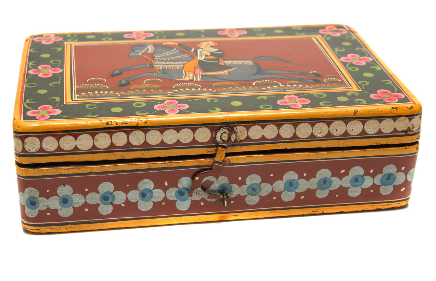 Interesting Antique Middle Eastern Hand Painted Horse & Figure Art/Writing/Cosmetic Box (Code 1009)