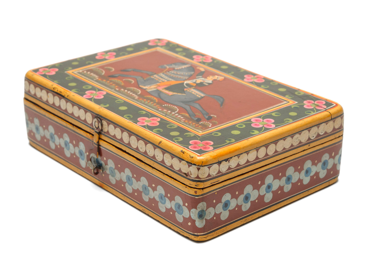 Interesting Antique Middle Eastern Hand Painted Horse & Figure Art/Writing/Cosmetic Box (Code 1009)