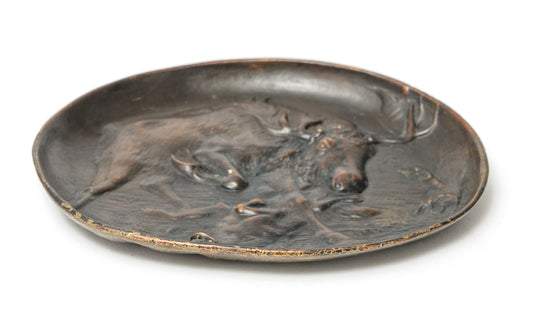 Antique Austrian Bronze Berndorf Vide Poche Dish - Moose Attacking Wolf c1890 (Code 1064)