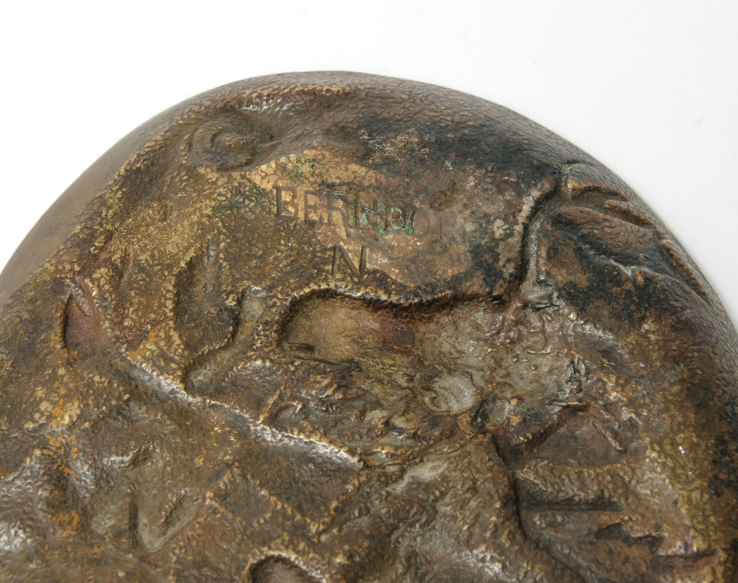 Antique Austrian Bronze Berndorf Vide Poche Dish - Moose Attacking Wolf c1890 (Code 1064)