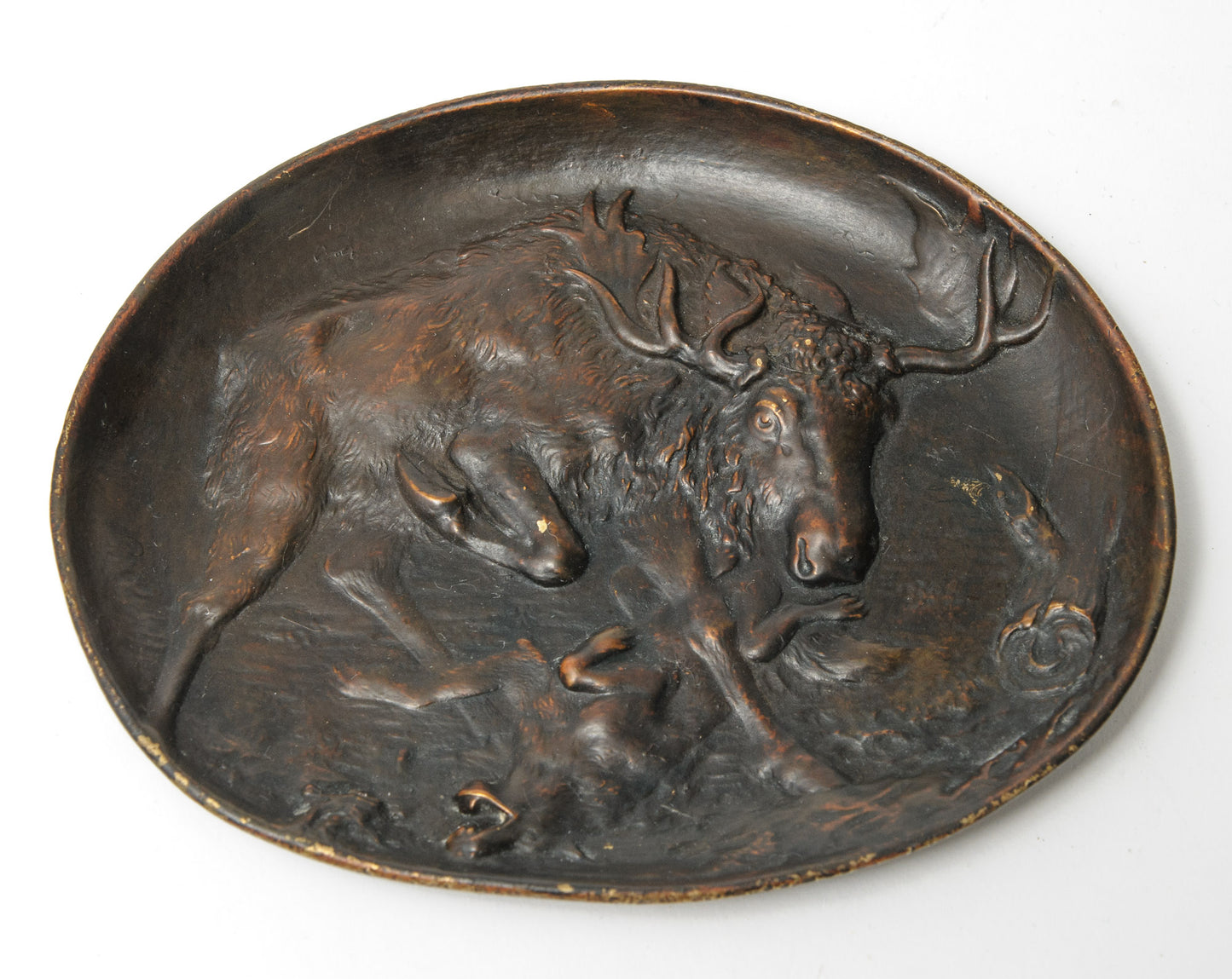 Antique Austrian Bronze Berndorf Vide Poche Dish - Moose Attacking Wolf c1890 (Code 1064)