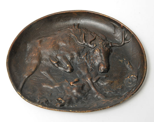 Antique Austrian Bronze Berndorf Vide Poche Dish - Moose Attacking Wolf c1890 (Code 1064)