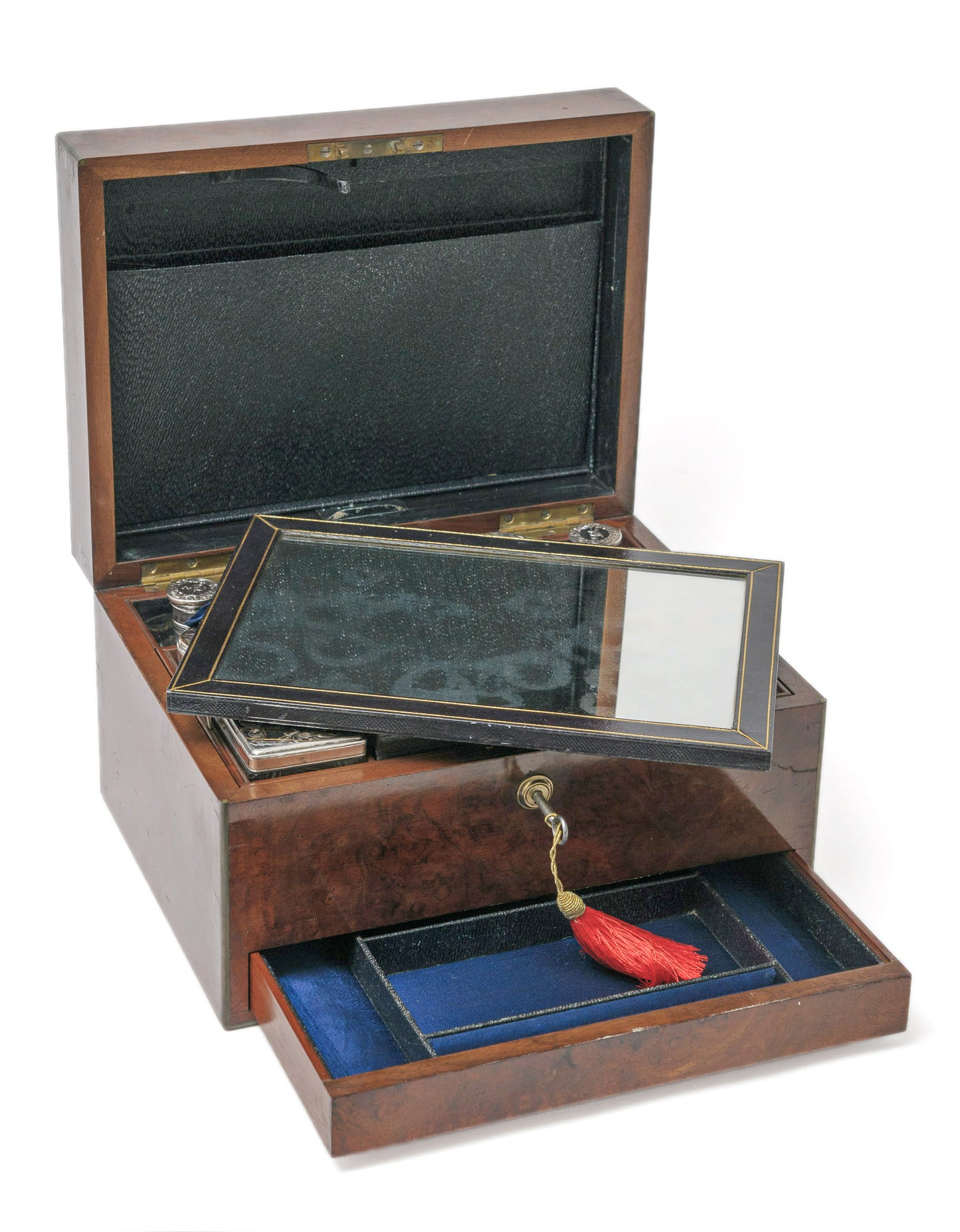 Antique Burr Walnut Dressing Case Box & Silver Plated Fittings by Samuel Fisher of London (Code 1082)
