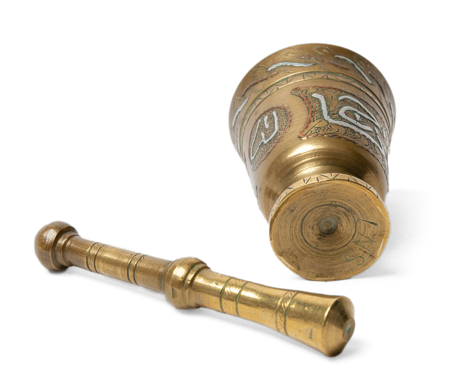 Vintage Cairoware Islamic Small Brass Pestle & Mortar with Copper & Silver Inlay (Code 1113)