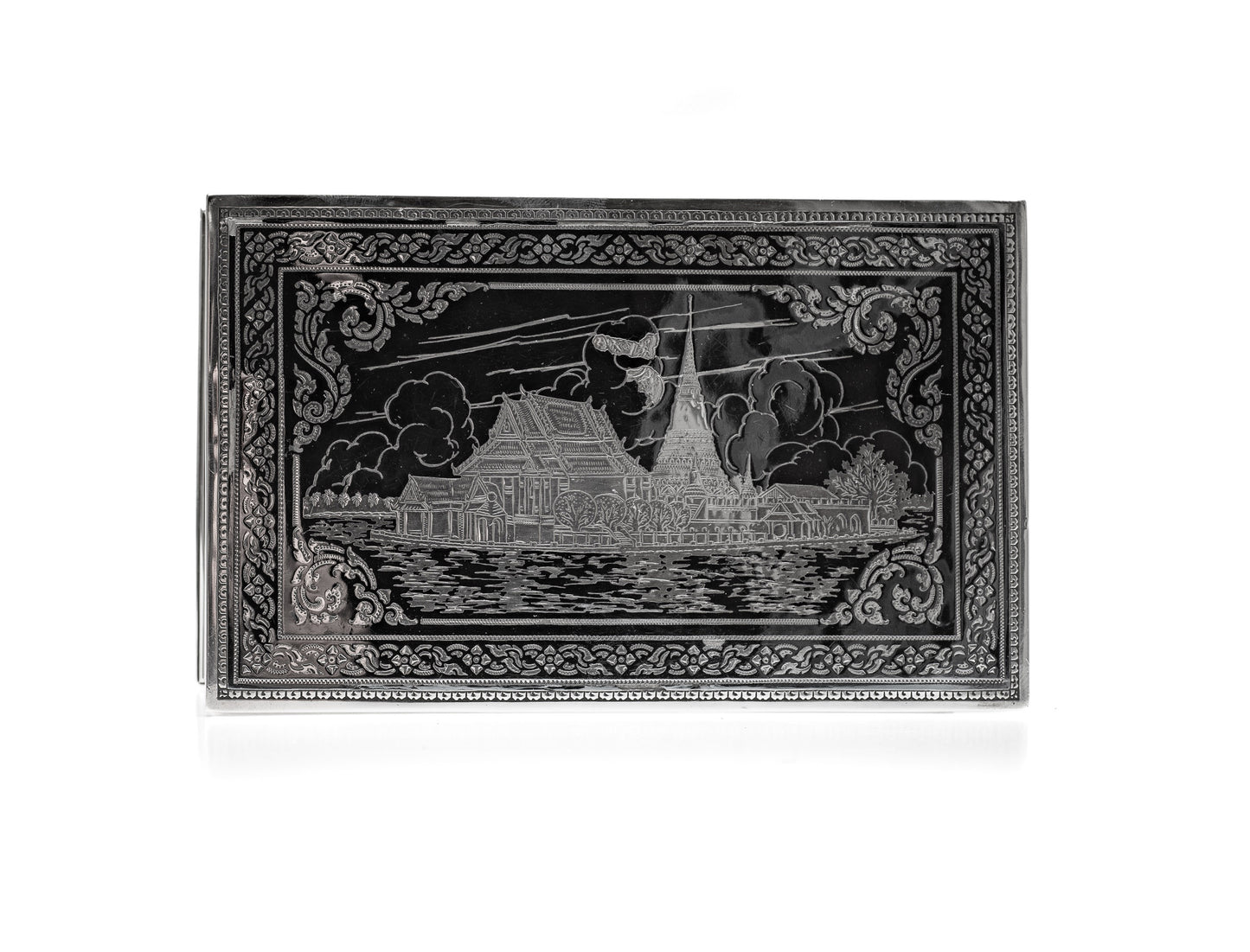 Antique/Vintage Thai/Siamese White Metal Niello Box with Wat & Dragon Boats (Code 1193)