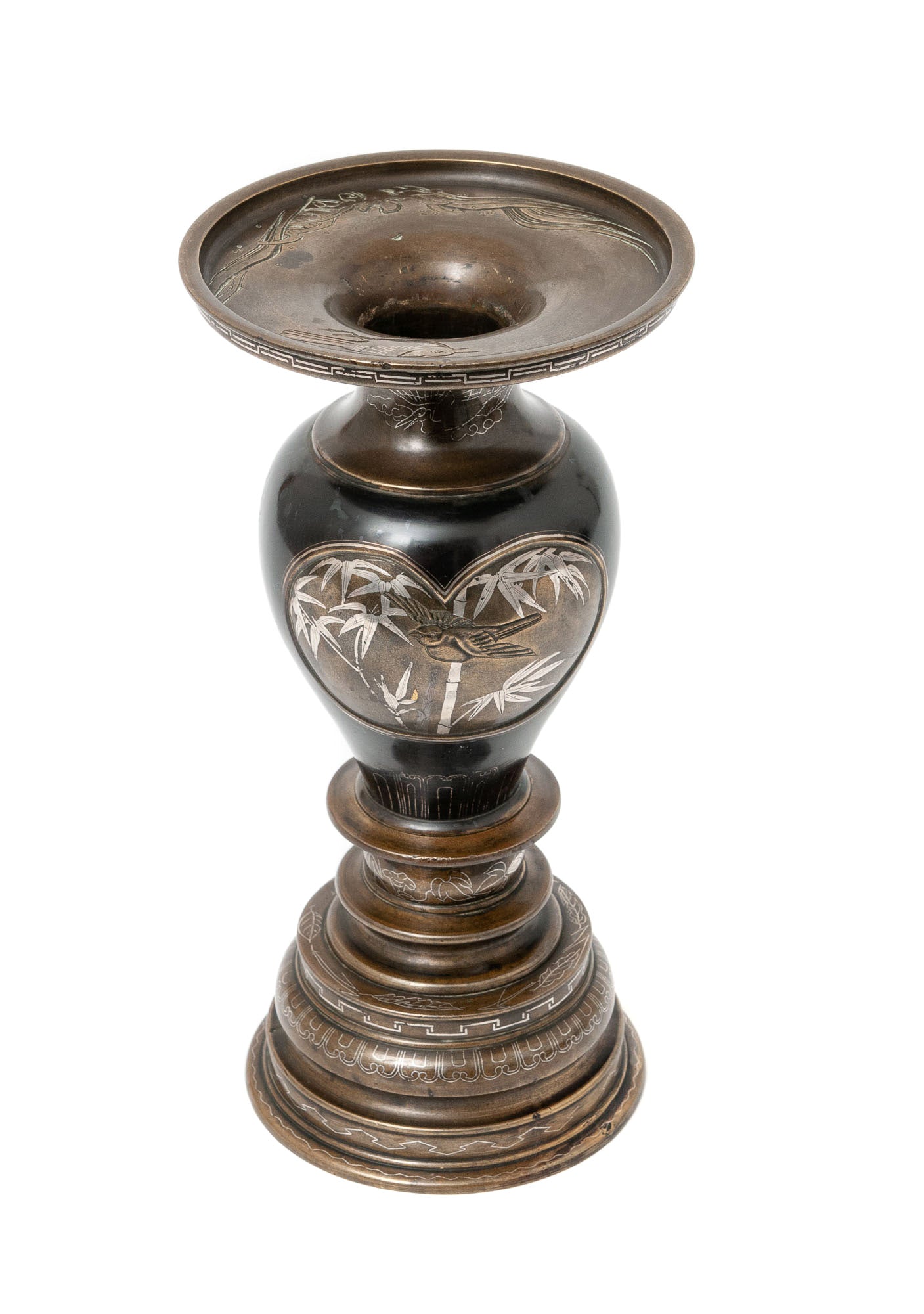 Fine Antique Meiji Period Japanese Bronze & Mixed Metal Inlaid Patinated Vase (Code 1463)