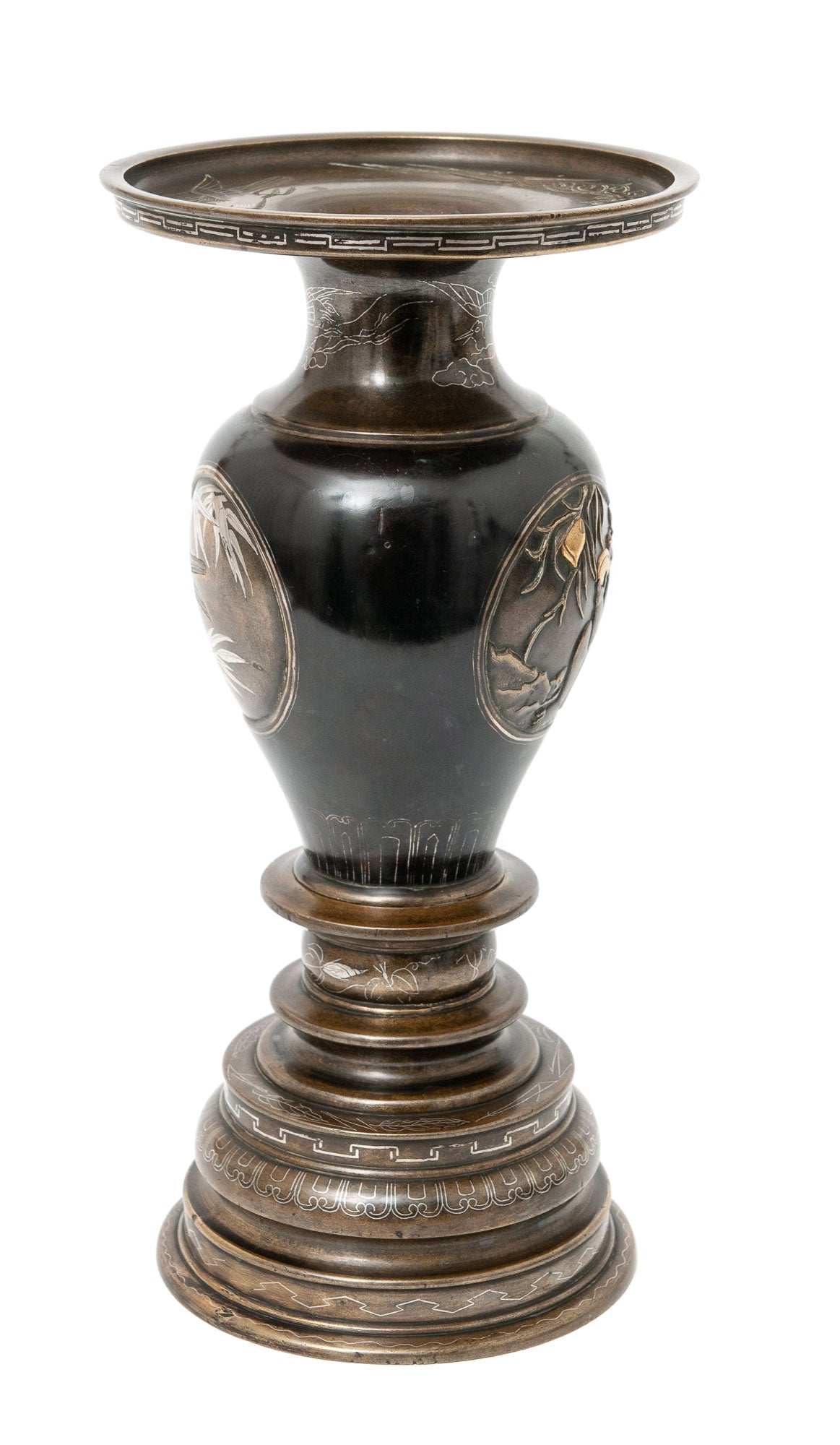 Fine Antique Meiji Period Japanese Bronze & Mixed Metal Inlaid Patinated Vase (Code 1463)