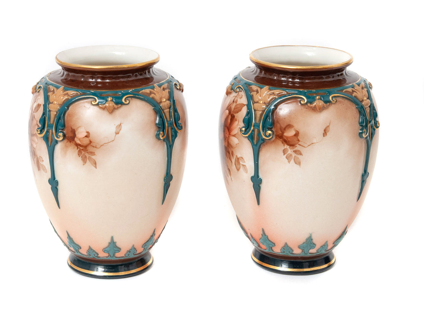 Pair of Antique Hadley Worcester China Hand Painted Monochrome Vases c1900 (Code 1530)
