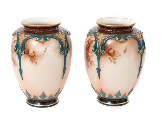 Pair of Antique Hadley Worcester China Hand Painted Monochrome Vases c1900 (Code 1530)