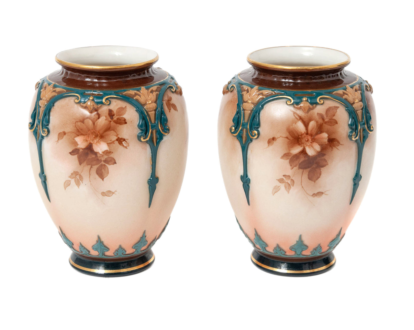 Pair of Antique Hadley Worcester China Hand Painted Monochrome Vases c1900 (Code 1530)