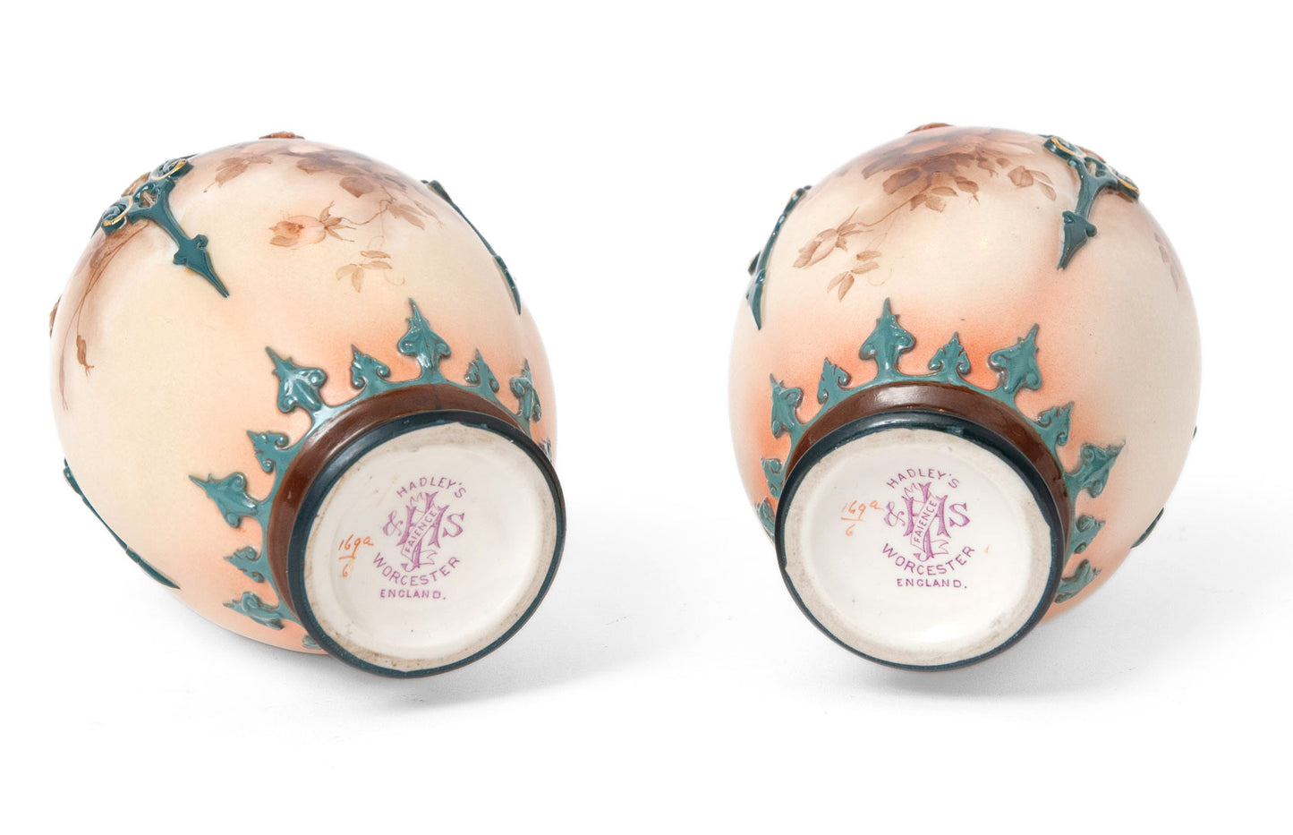 Pair of Antique Hadley Worcester China Hand Painted Monochrome Vases c1900 (Code 1530)