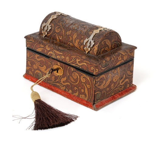 Antique French Palais Royal Gilt Brass & Leather Scent Box with Glass Bottles (Code 1533)