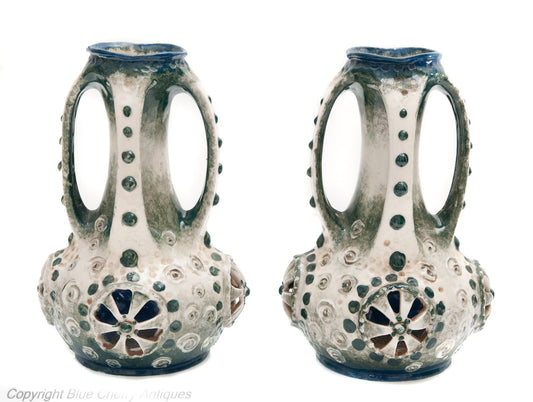 Pair Antique Imperial Amphora Austria Turn Teplitz Art Pottery Morania Vases (Code 1650)