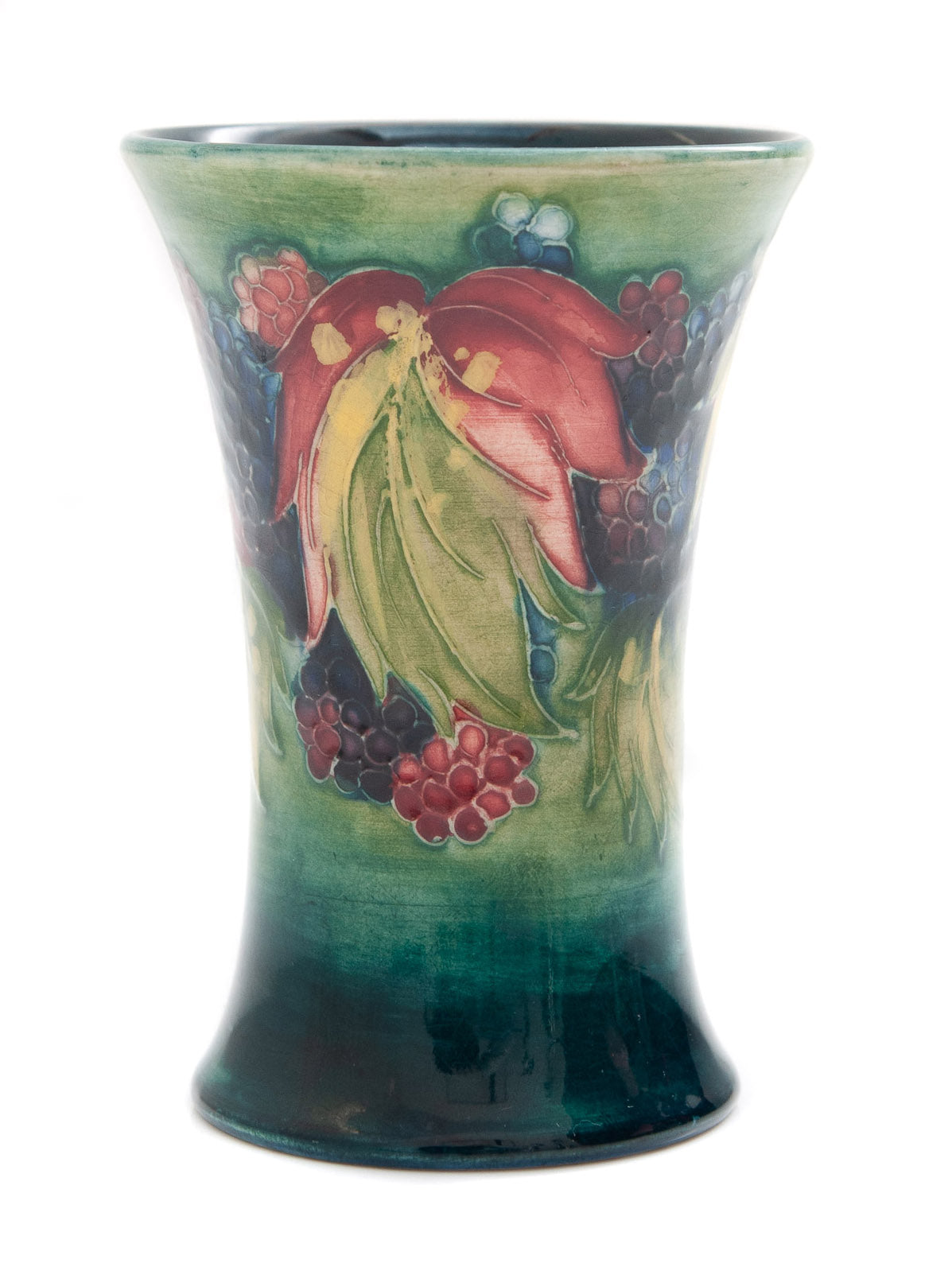 William Moorcroft Scarce Leaf and Blackberry Pattern Tubelined Vase in Sea Green (Code 1663)