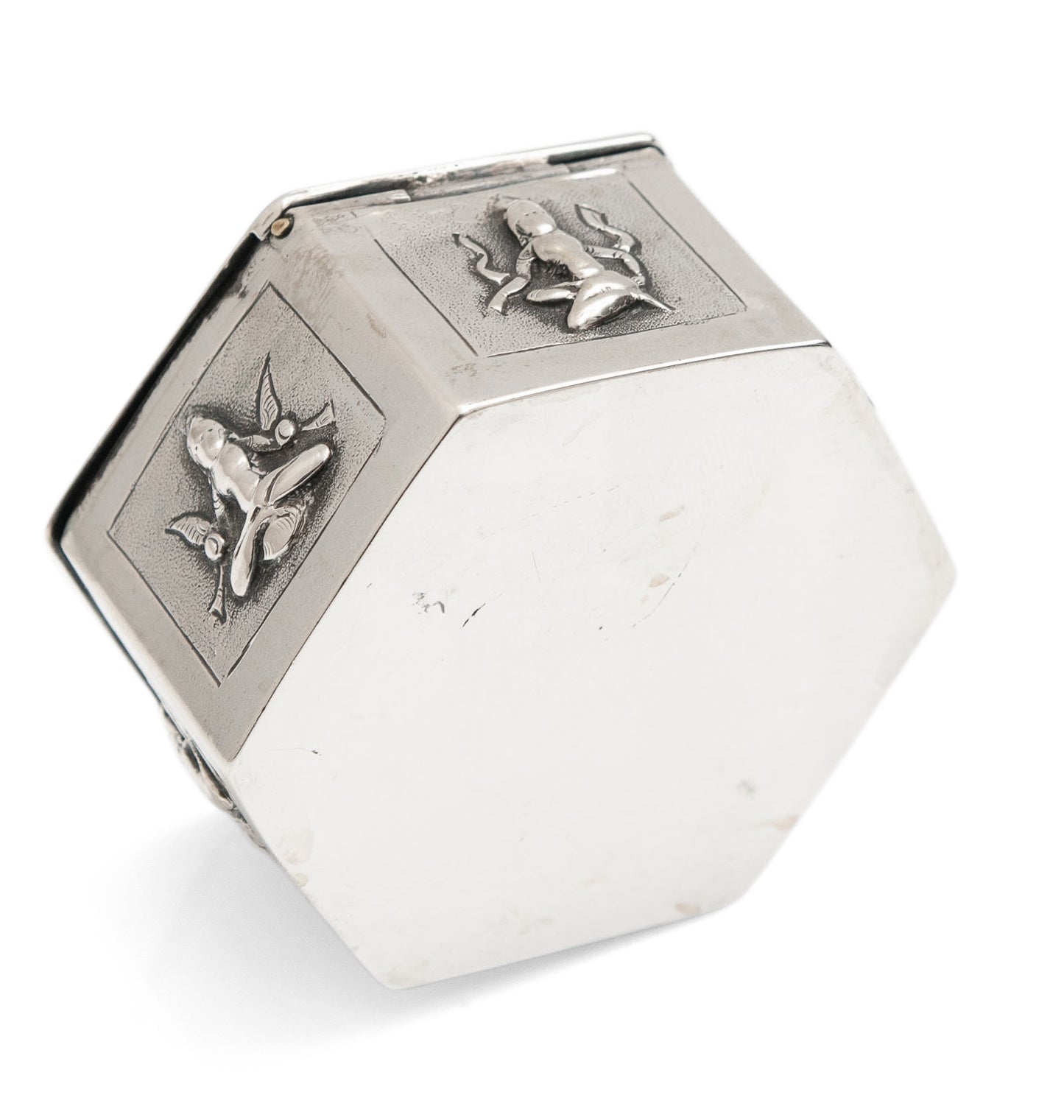 Antique Indian Swami Madras Silver Hexagonal Box with Hindu Gods & Hinged Lid (Code 1679)