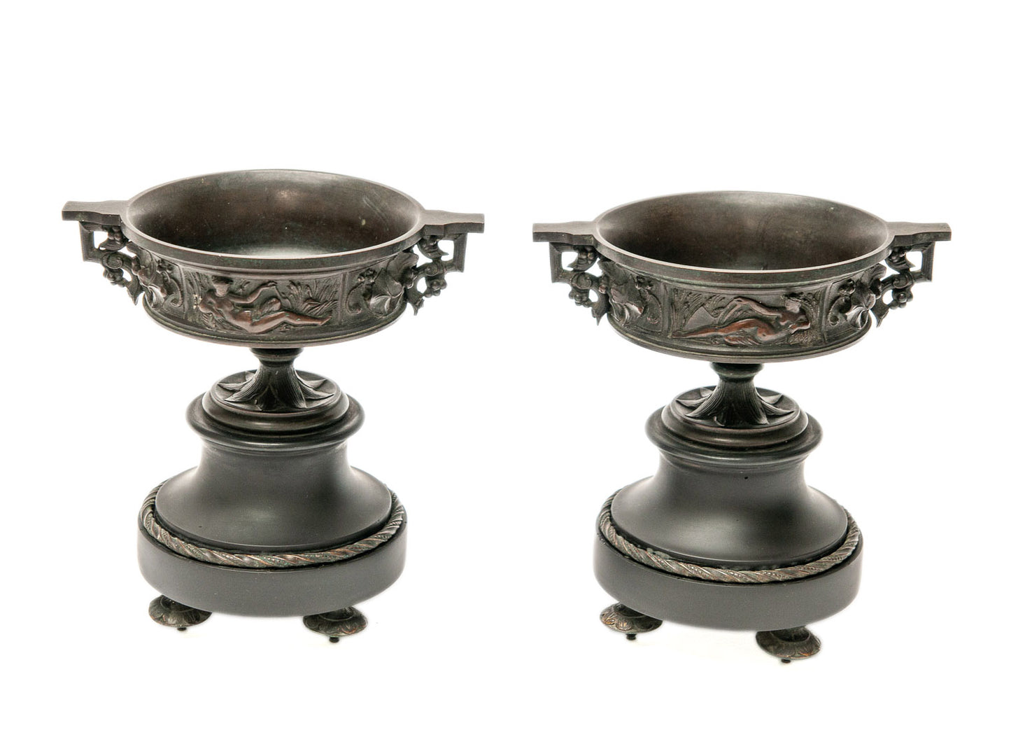 Pair Antique French Bronze & Black Stone Classical Urns with Reclining Figures (Code 1747)