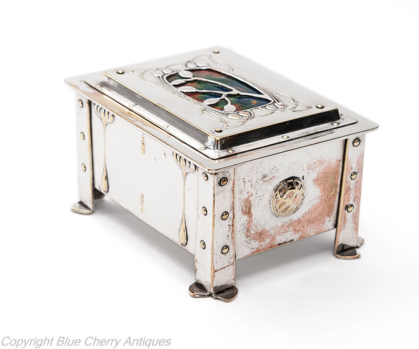 Antique Arts & Crafts Silver Plated & Enamel Nouveau Design Jewellery Box (Code 1756)