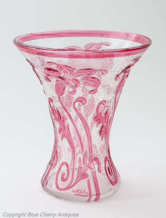 Thomas Webb Cameo Fleur Lily Pattern Art Glass Vase in Cranberry and Clear (Code 1766)