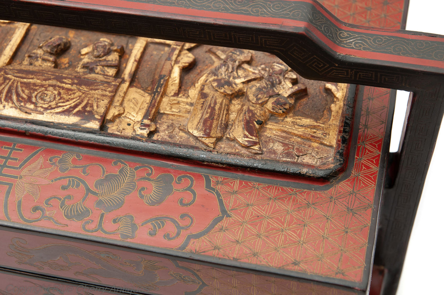 Antique Chinese Wood & Carved Cinnabar Lacquer Panel Wedding Box (Code 1770)