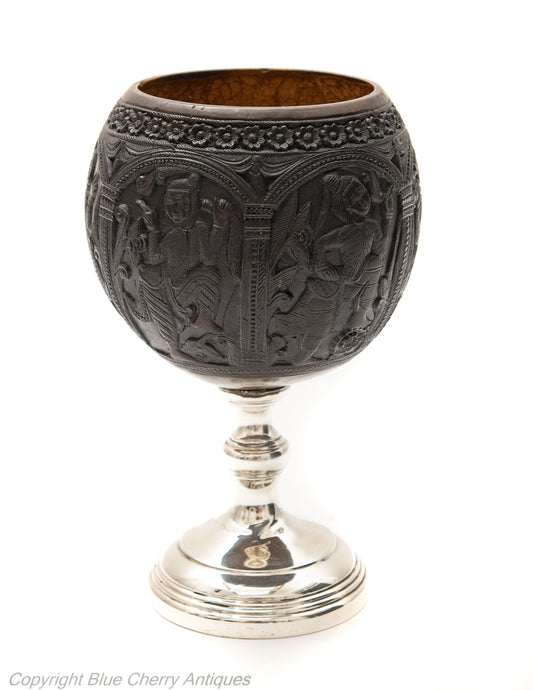 Antique South East Asian Carved Coconut Cup On Silver Pedestal Base c1800 (Code 1780)