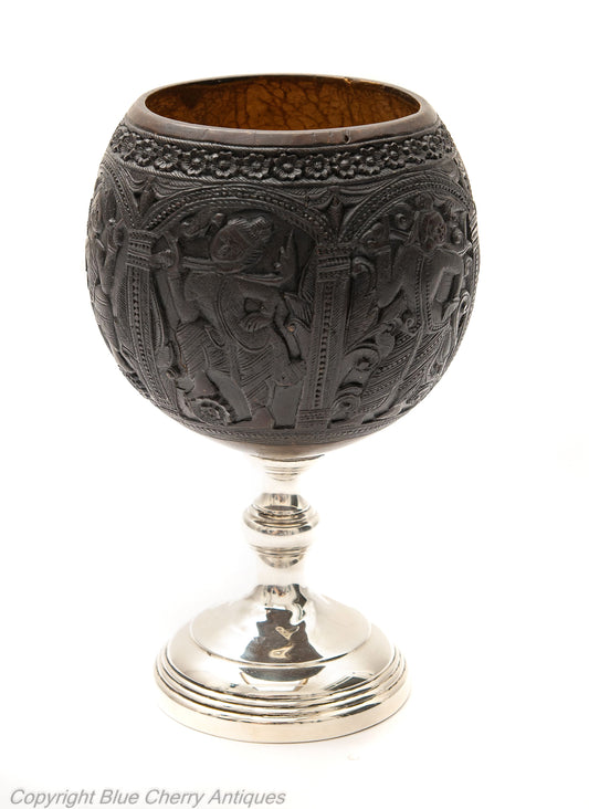 Antique South East Asian Carved Coconut Cup On Silver Pedestal Base c1800 (Code 1780)