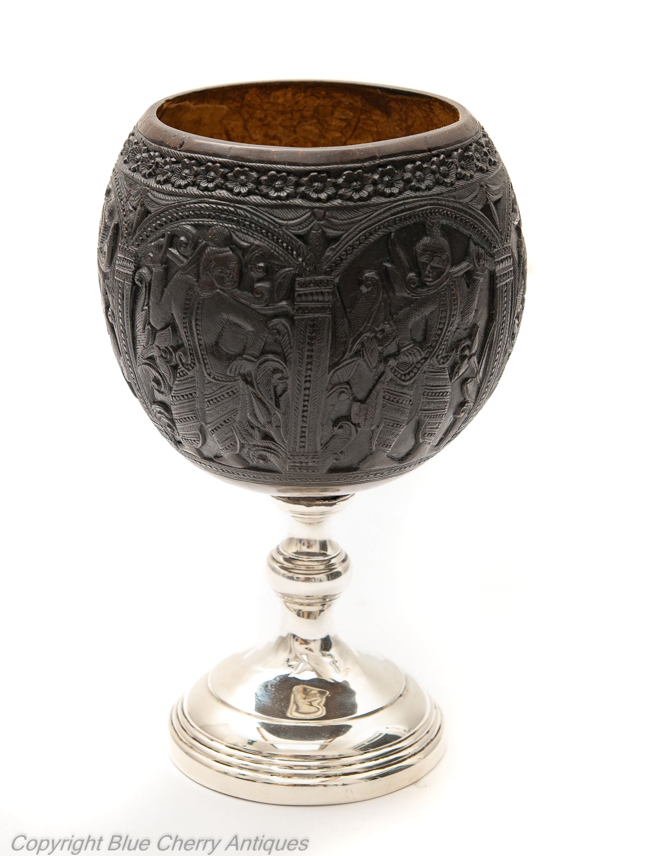 Antique South East Asian Carved Coconut Cup On Silver Pedestal Base c1800 (Code 1780)