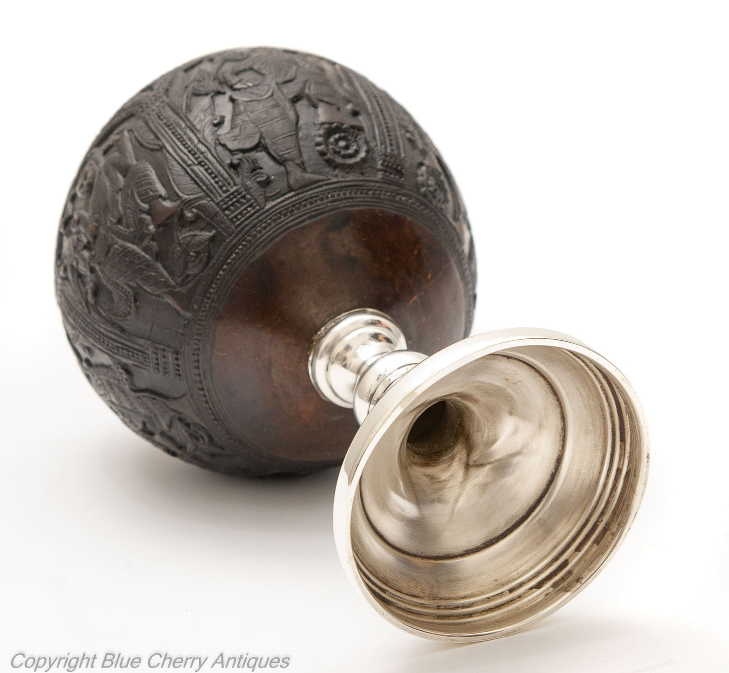 Antique South East Asian Carved Coconut Cup On Silver Pedestal Base c1800 (Code 1780)