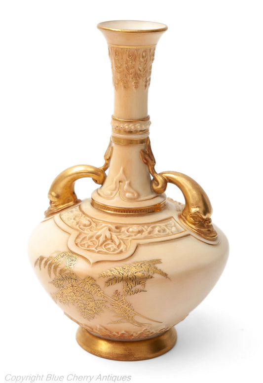 Antique Royal Worcester China Persian Range Dolphin Handled Ivory Ware Vase - Code 1793